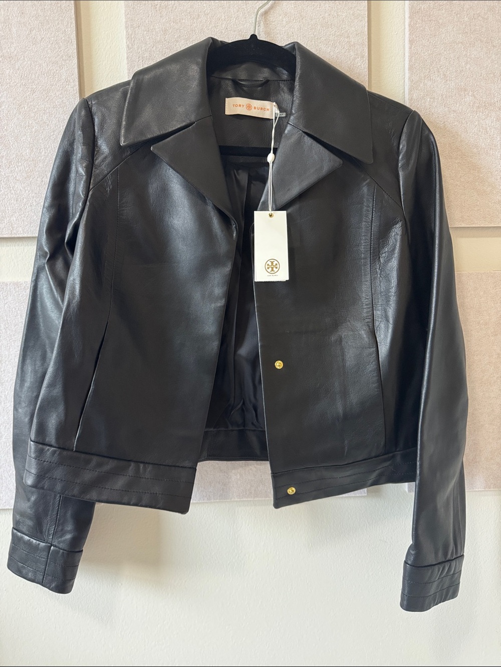 Tory Burch Black Cropped Leather Ryder Jacket with Gold Accents